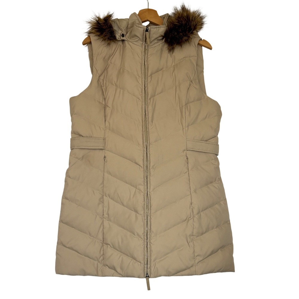 Coldwater Creek Tan Quilted Down Puffer Vest Knee Length Faux Fur Hood Womens M